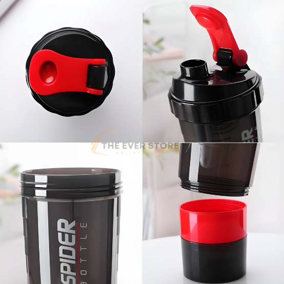 Spider Protein Shaker Bottle | Multipurpose Gym Water Bottle with Pill and Protein Powder Storage -500 ML