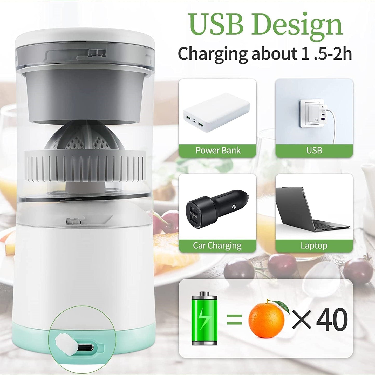 Rechargeable Portable Electric Citrus Juicer Machine with USB Outlet - Convenient Orange Juicer and Lemon Squeezer